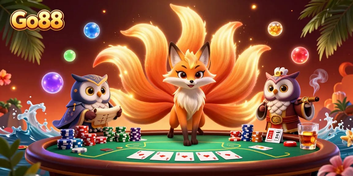 Experience the vibrant energy of Go88 with a dynamic casino scene featuring character interactions and rich game elements.