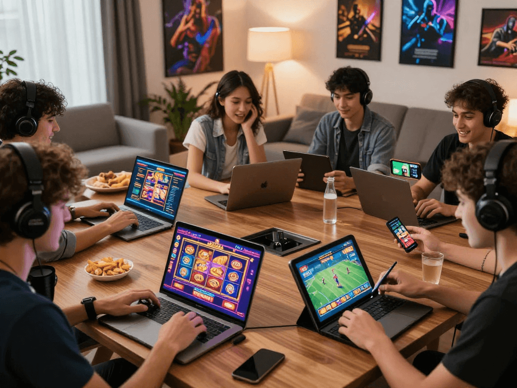 Experience online gaming excitement with MPOCASH, vibrant players engaged in slots and live casino.