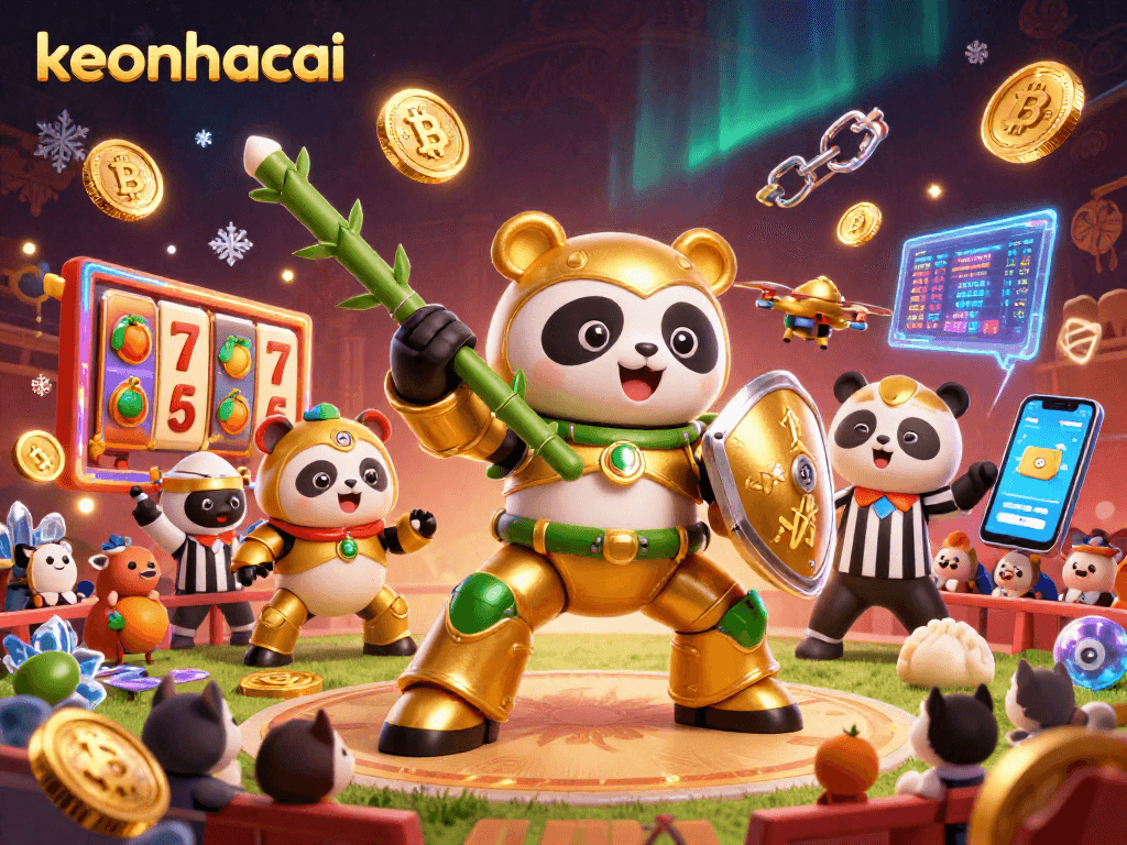 Engage with keonhacai in a vibrant 3D casino scene featuring dynamic slots and animated crypto elements.