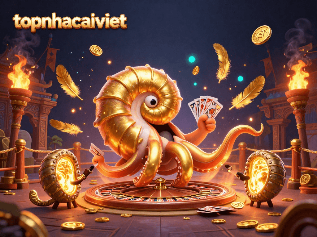 Engage with topnhacaiviet's vibrant casino scene featuring an ancient nautilus as a roulette wheel amidst golden tokens and cards.