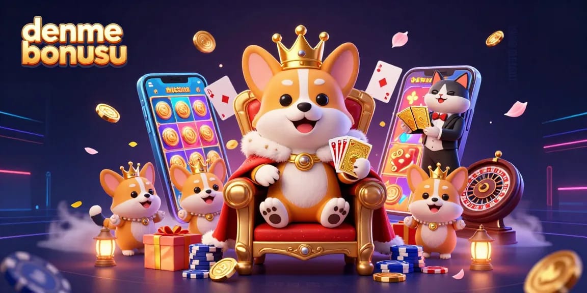 Engage with deneme bonusu offerings as a royal corgi oversees thrilling casino elements in a festive scene.