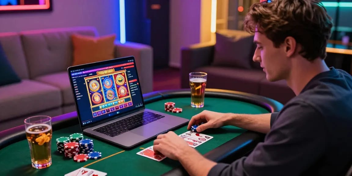 Pengguna Situs LUXURY777 menikmati permainan slot online di ruang modern dengan chip poker di sekitarnya.