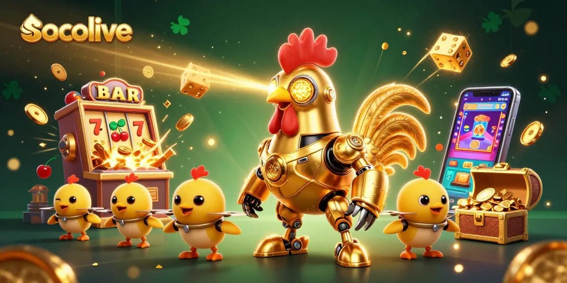 Socolive offers exciting casino action with a futuristic chicken character amidst casino elements.