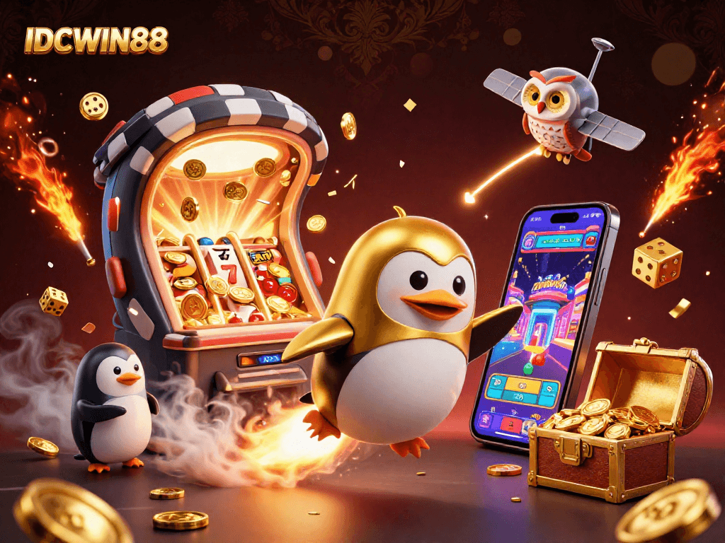 Experience gaming excitement with IDCWIN88, featuring a golden penguin and casino elements scattered in a vivid 3D illustration.