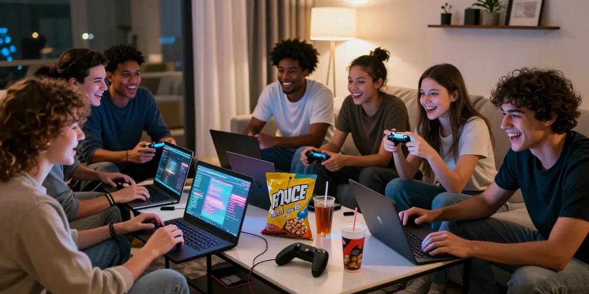 Penggemar LUXURY777 bermain game di ruang tamu yang modern dengan suasana ceria.