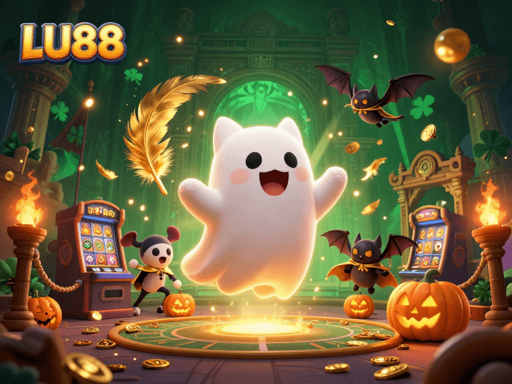 LU88 ghost cat plays in a haunted casino, surrounded by golden coins and a vibrant atmosphere.
