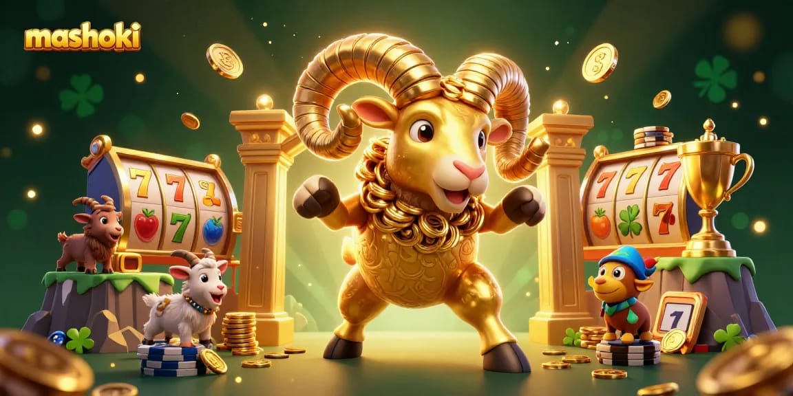 Bet on mashoki and witness the golden ram charging through a jackpot scene filled with slot elements.