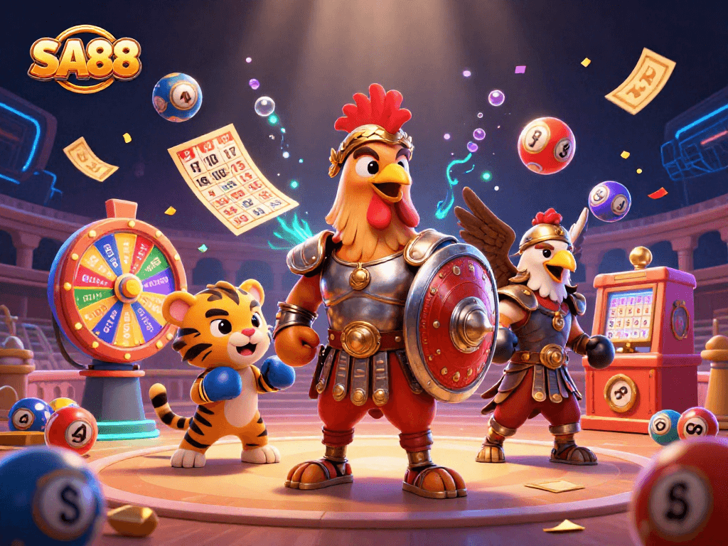 Experience thrilling SA88 gaming with colorful elements dancing around gladiator rooster and sparring partners.