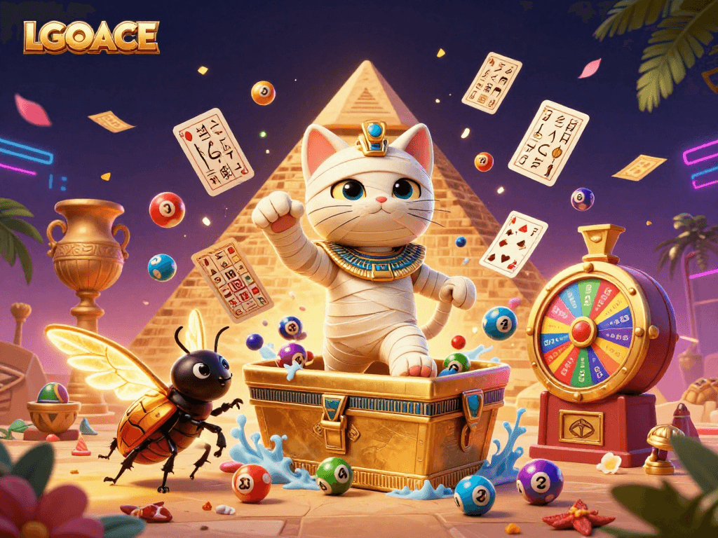 LGOACE enhances excitement with a dynamic mural showcasing a mummy cat and golden wings amidst vibrant gambling elements.