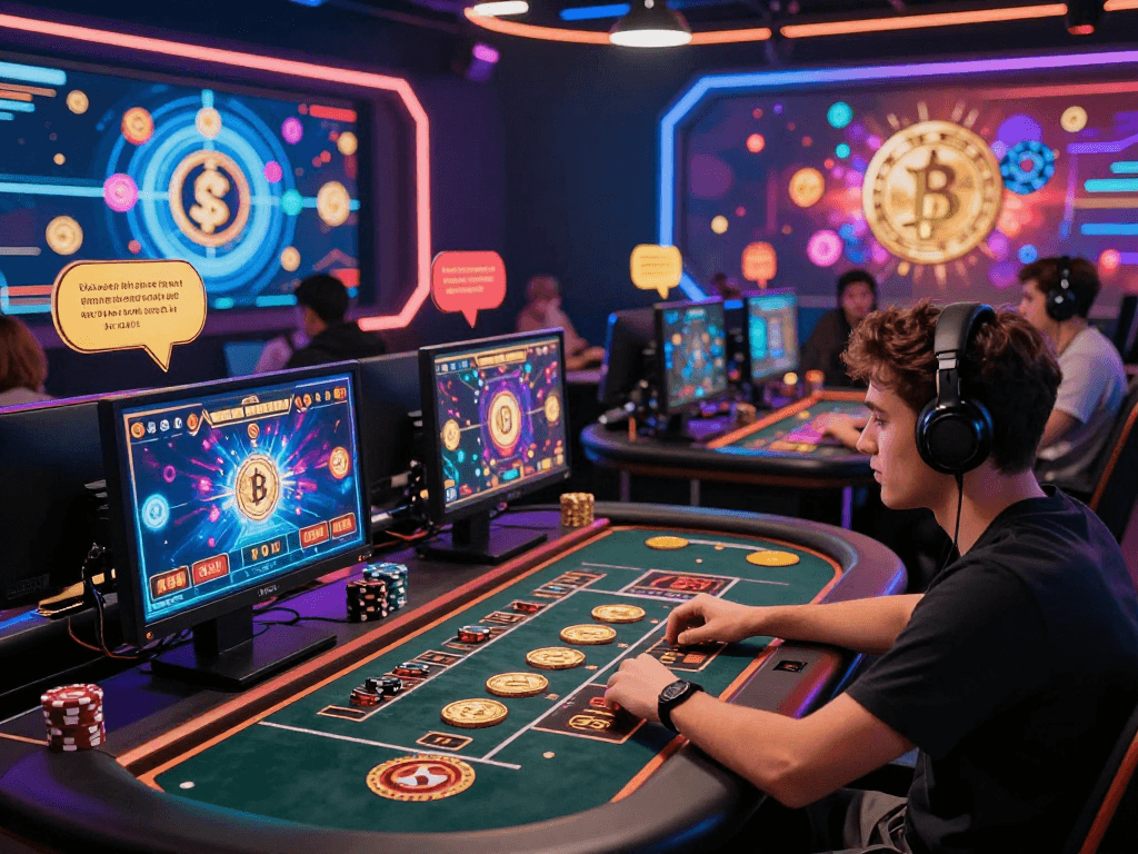 Engaging scene of players at a crypto casino showcasing vibrant digital gaming tables and immersive atmosphere.