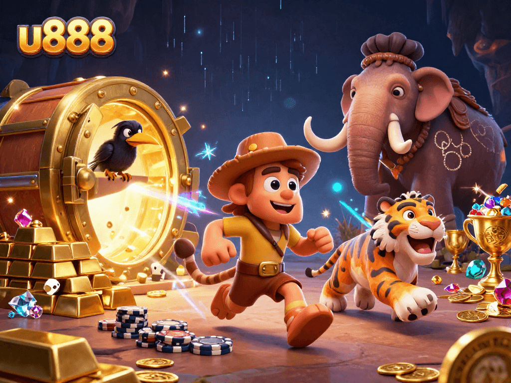 Experience exciting gaming at u888 with caveman duo and treasure-filled casino scene.