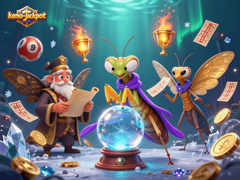 Join the excitement of keno-jackpot as a fortune teller forecasts winning numbers in a vibrant scene.