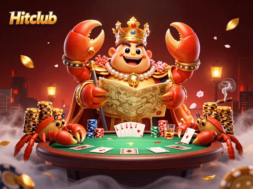 Engage in Hitclub's thrilling casino scene with a regal crab emperor and vibrant poker elements.