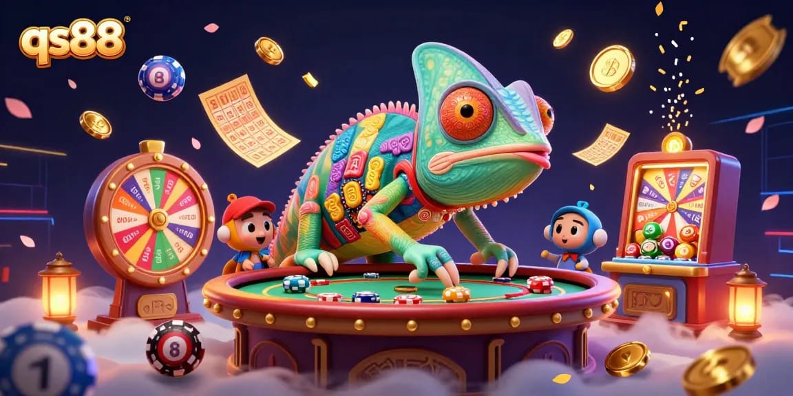 Experience excitement at qs88's vibrant casino with a 3D chameleon owner in action.