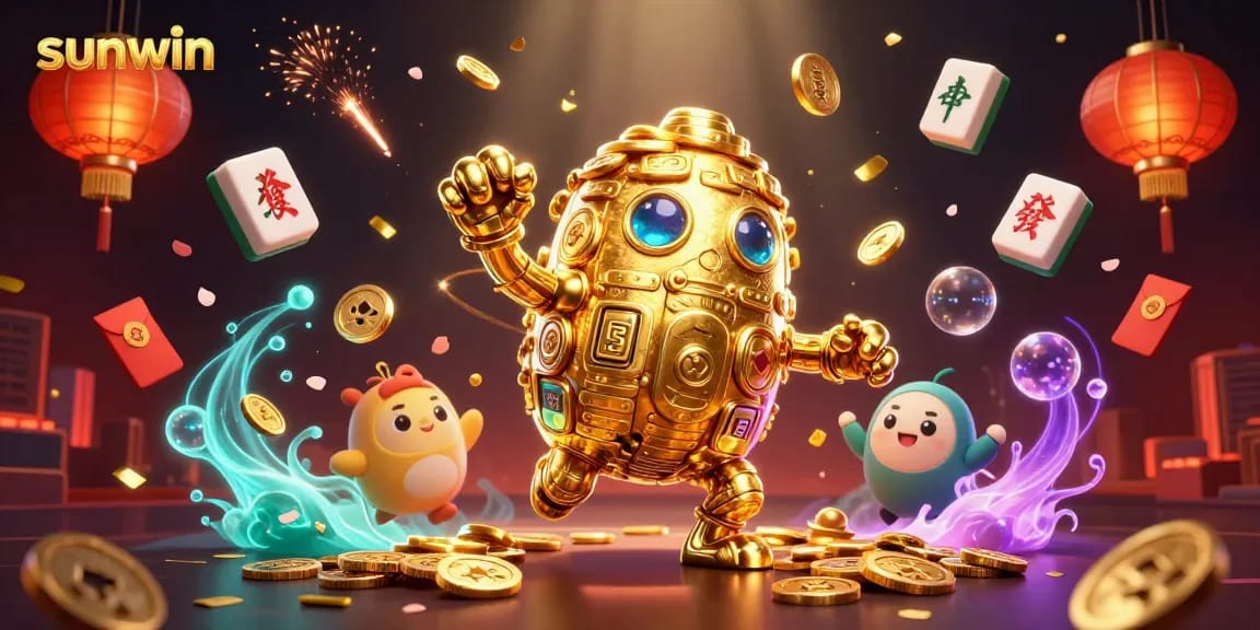 Play exciting sunwin slot games with a vibrant 3D scene showcasing gold golem, jackpot symbols, and festive elements.
