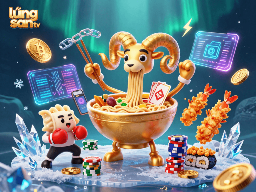Lương Sơn TV showcases a vibrant 3D scene of cartoon characters in a high-energy gambling atmosphere, featuring crypto coins and interactive elements.