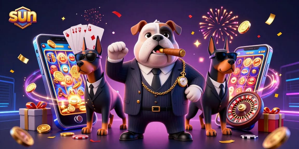 Engage in thrilling casino action with the sun-themed illustration featuring a mafia boss bulldog.