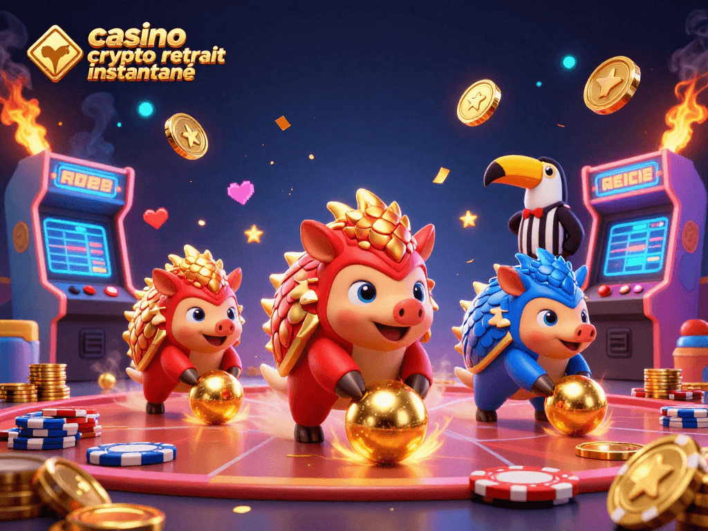 Les gains rapides dans un casino crypto retrait instantané avec une scène dynamique de pangolins et des effets de jeu attractifs.