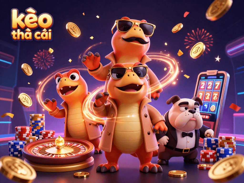 Kèo nhà cái showcases raptors in a trench coat at a casino, with a bouncer and vibrant game elements.