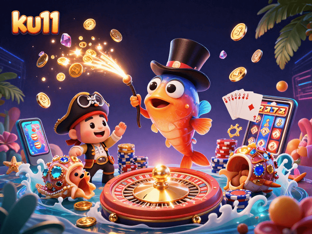 Engage with ku11 as the anglerfish attracts golden coins in this vibrant casino-themed illustration.