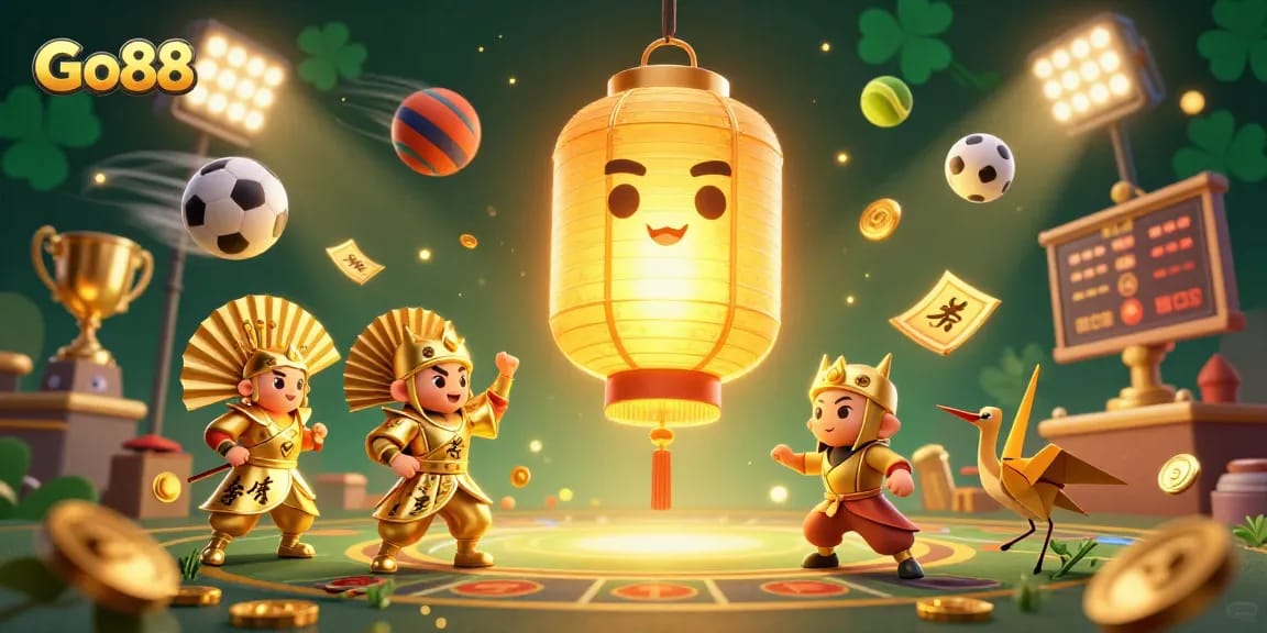 Experience the exciting Go88 gaming world with a dynamic casino illustration featuring lucky symbols.