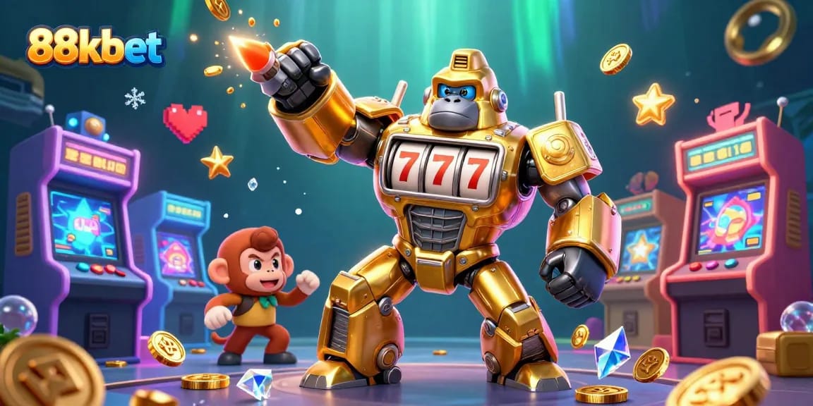 A dynamic scene featuring the golden gorilla mech representing 88kbet, surrounded by vibrant casino game elements and coins.