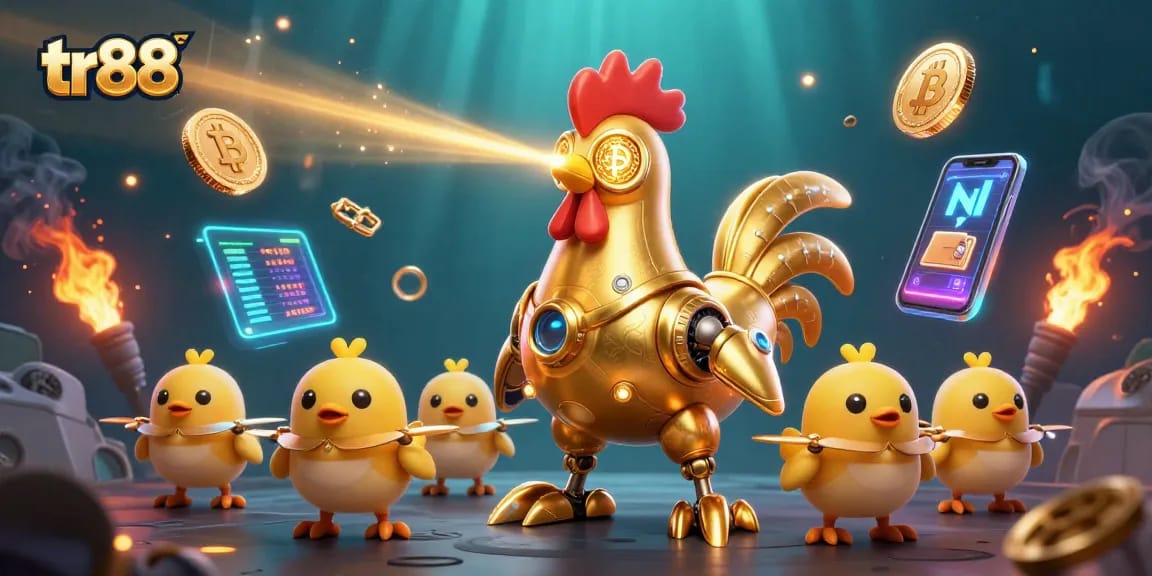 Engage in winning strategies with tr88's 3D casino illustration showcasing crypto elements.
