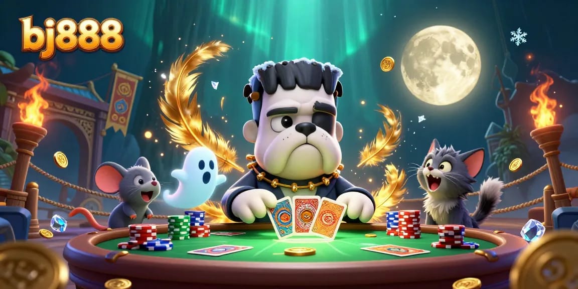 bj888's dynamic scene with Frankenstein bulldog, ghost mouse, and werewolf kitten engaging in casino action.