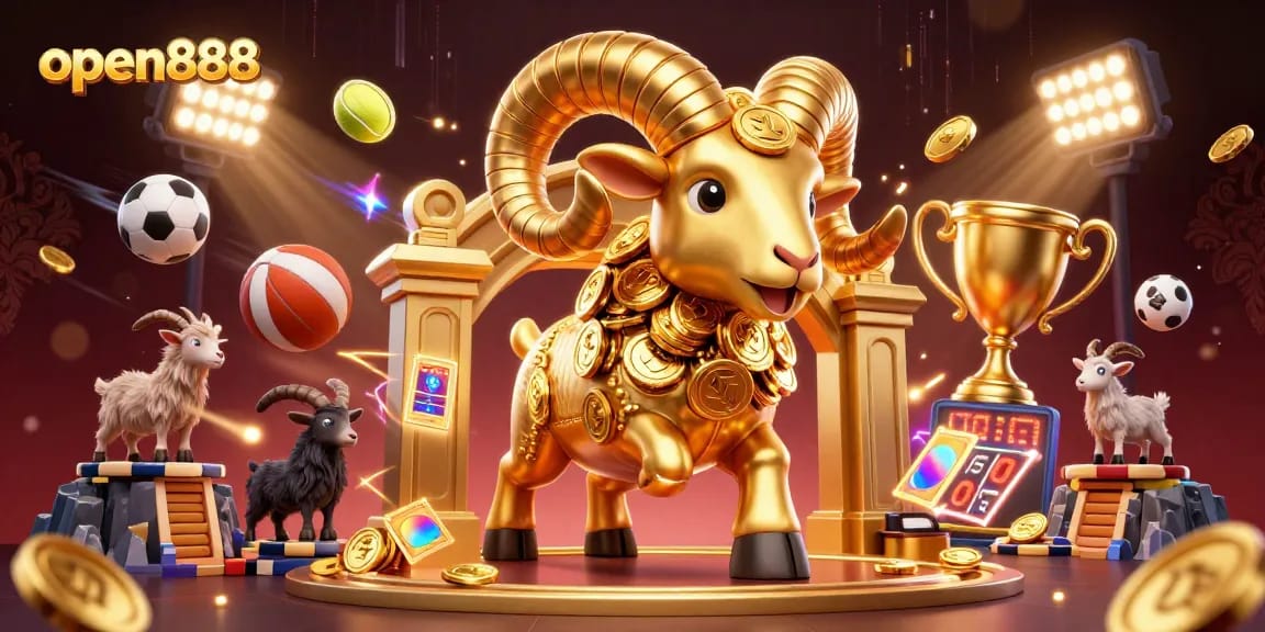 Experience thrilling betting action with open888, showcasing a dynamic 3D golden ram charging through a sports-themed casino.