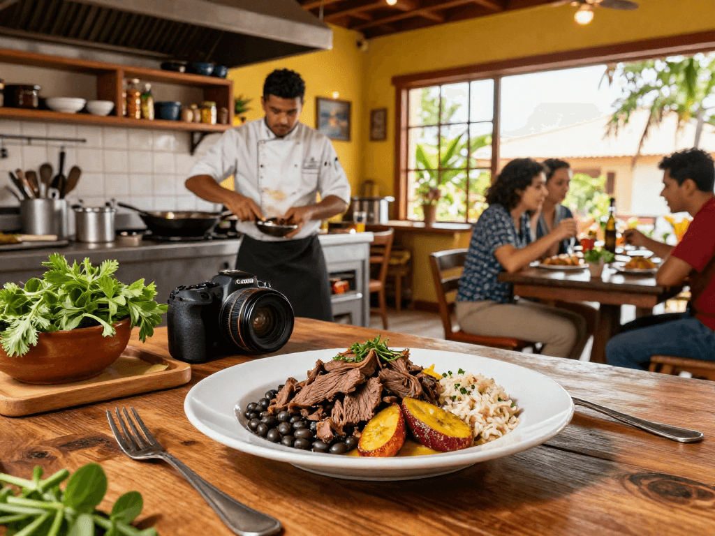 A vibrant kitchen scene with a chef presenting the best pabellon criollo near me, showcasing delicious ingredients and a warm atmosphere.