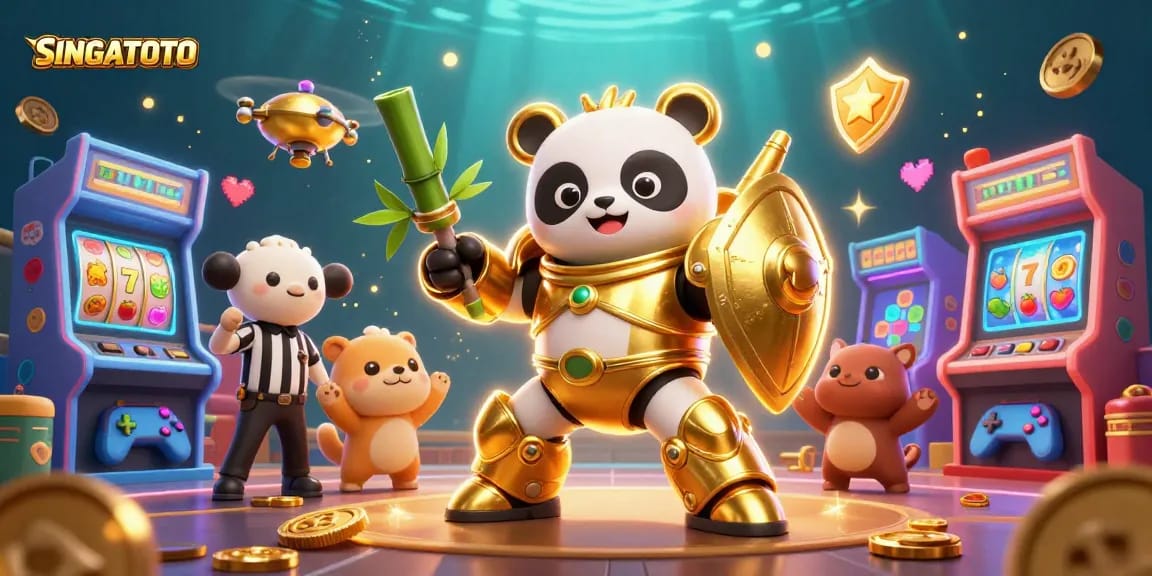 SINGATOTO slot dengan panda emas dalam pertempuran robot, dikelilingi mesin game dan efek kasino