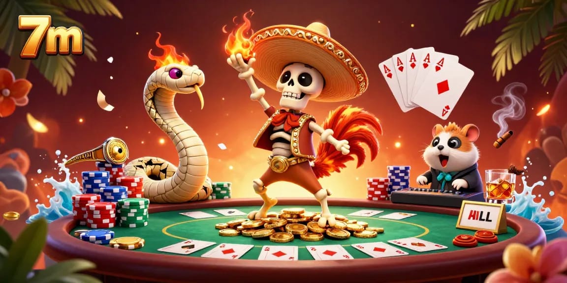 Engage with 7m's vibrant casino scene featuring a cartoon skeleton and poker game elements.
