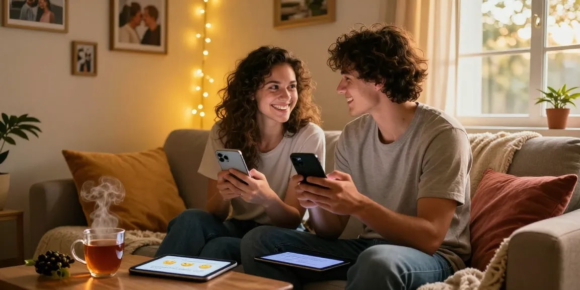 Couple enjoying ai sexting on smartphones in cozy living room.