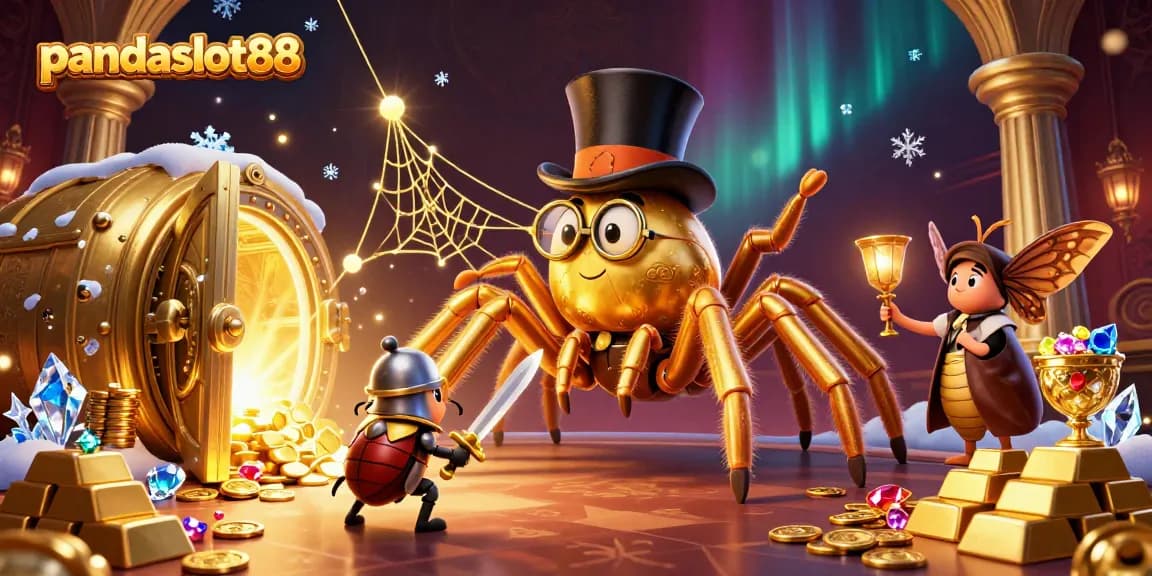 Menang besar di pandaslot88 dengan simbol slot dan harta karun mengelilingi tarantula emas.