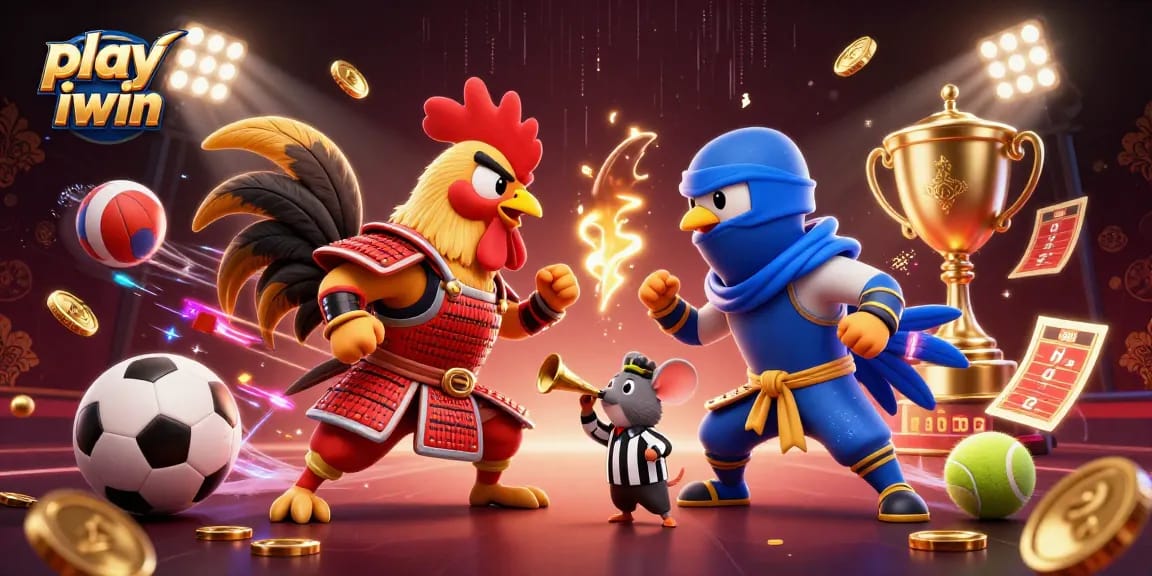 Bet on play iwin with a vibrant illustration of fighting roosters in a gambling arena.