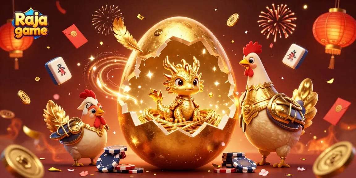 Exciting Raja game illustration showcasing a golden dragon, poker chips, and festive elements.