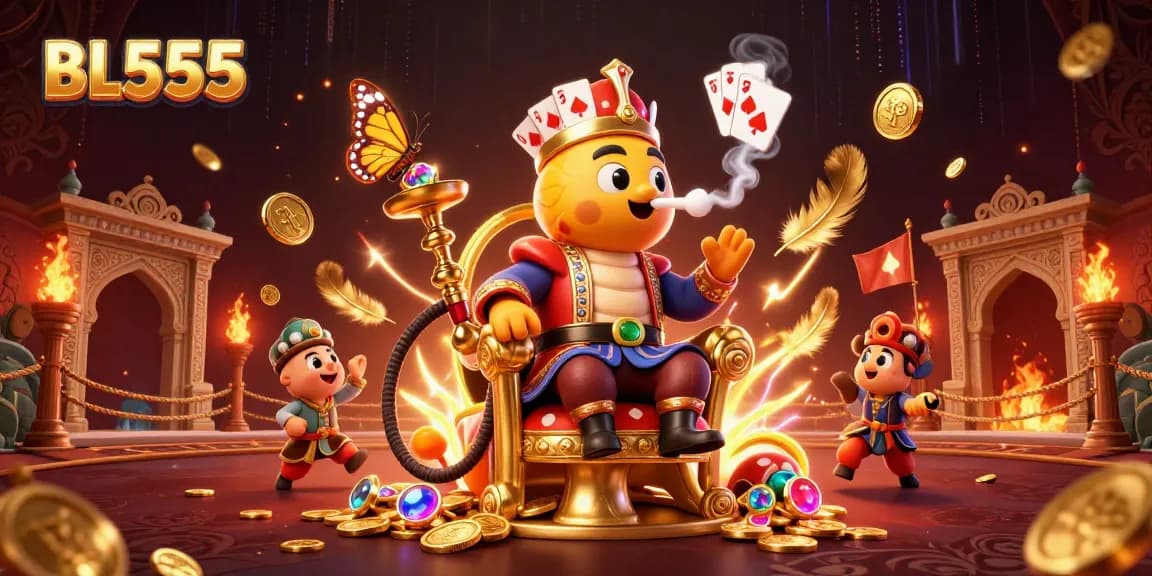 Experience the vibrant energy of BL555 with a captivating 3D casino scene illustrating poker hands and luxurious details.