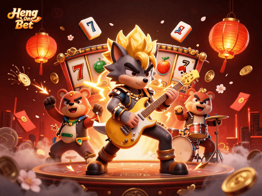 Experience Heng Ong Bet with a vibrant 3D visual of a wolf guitarist and thrilling casino action.