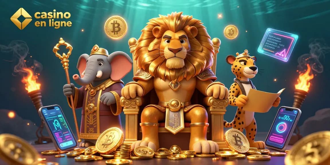 Profitez de l'expérience des jeux de casino en ligne avec cette illustration dynamique représentant un roi lion majestueux et des personnages colorés.