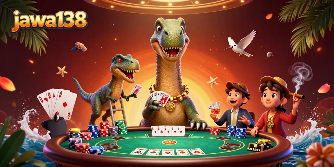 Engage in thrilling poker at jawa138 with a brontosaurus dealer in a vibrant casino setting.