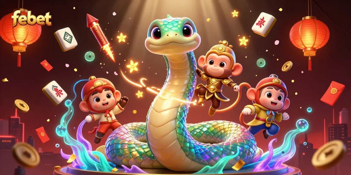 Experience the vibrant gaming world of febet with a colorful serpent, playful monkey king, and exciting casino elements.