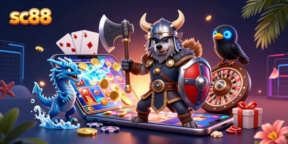 Engage with sc88’s thrilling slots as a Viking warrior battles alongside unique dragons and gaming elements.