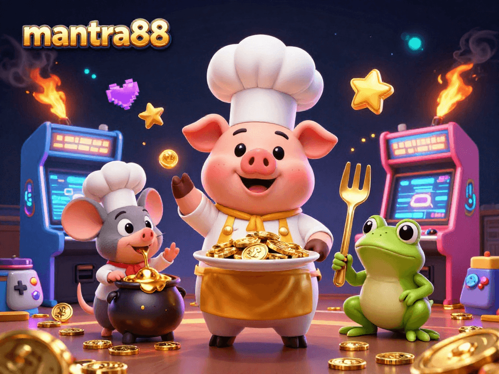 Experience the thrill of mantra88 with a dynamic gambling scene featuring playful characters and gold coins.