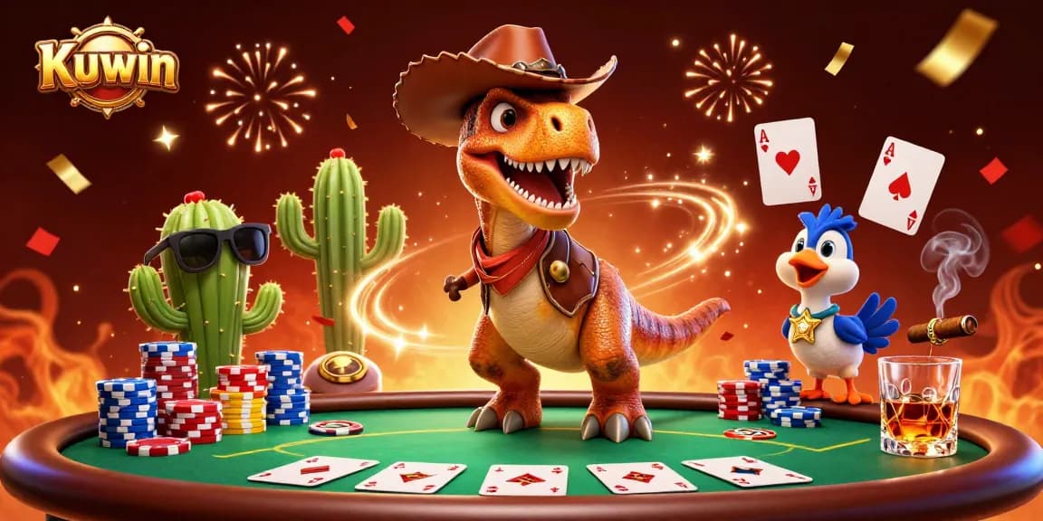 Kuwin players enjoy a lively casino scene with a cartoon dinosaur and poker elements.