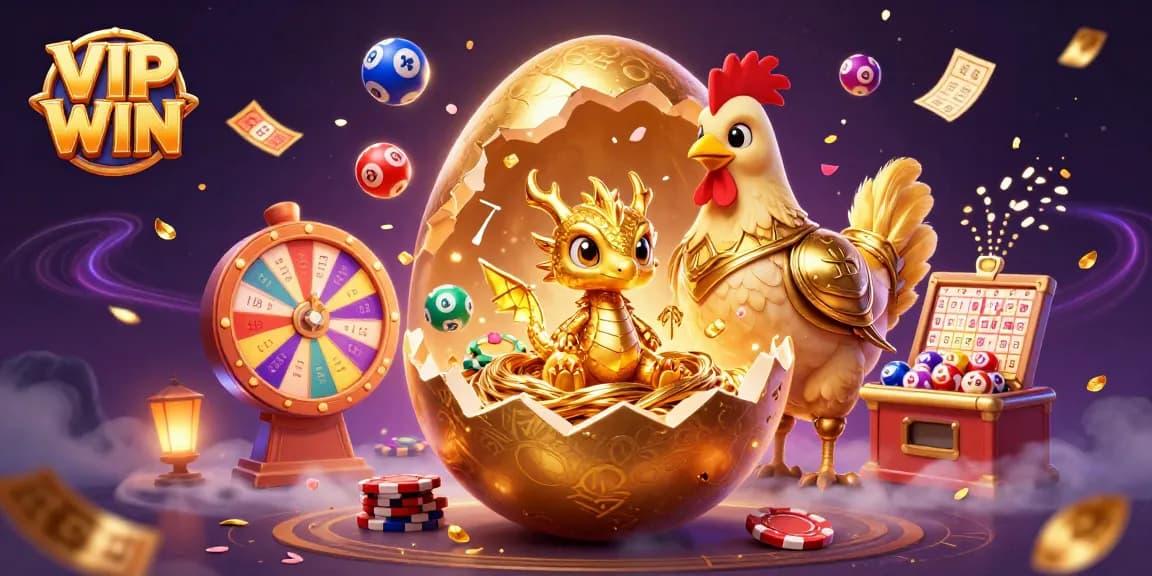 Experience the thrill of VIP WIN with a golden dragon and poker chips amid dynamic games and vibrant colors.