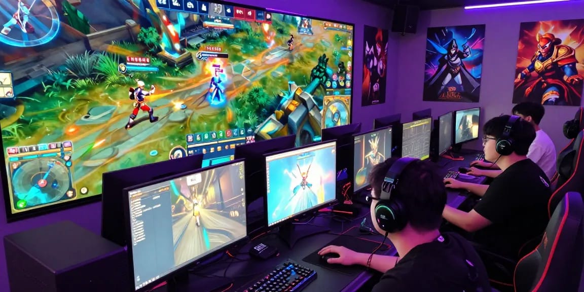 Gamer bermain BOS88 Online dengan antusiasme tinggi di lingkungan digital yang hidup.