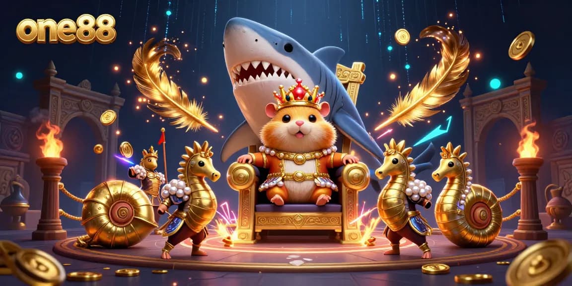 one88 gaming throne scene with a fierce hamster king and royal seahorse guards amidst dynamic casino elements