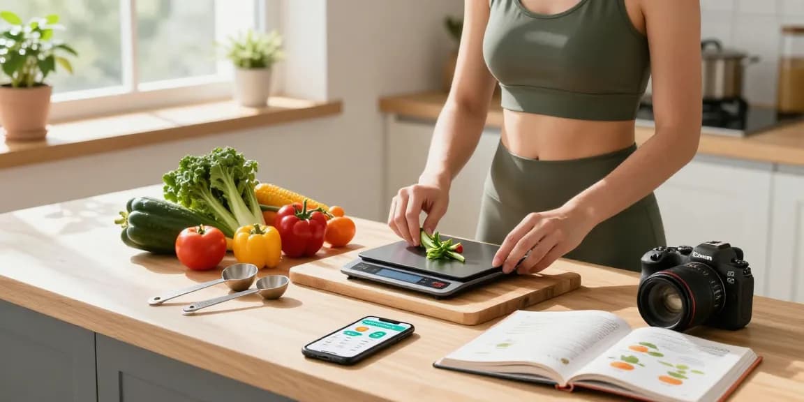 Person using the best calorie tracker app to measure ingredients while preparing a healthy meal in a modern kitchen.