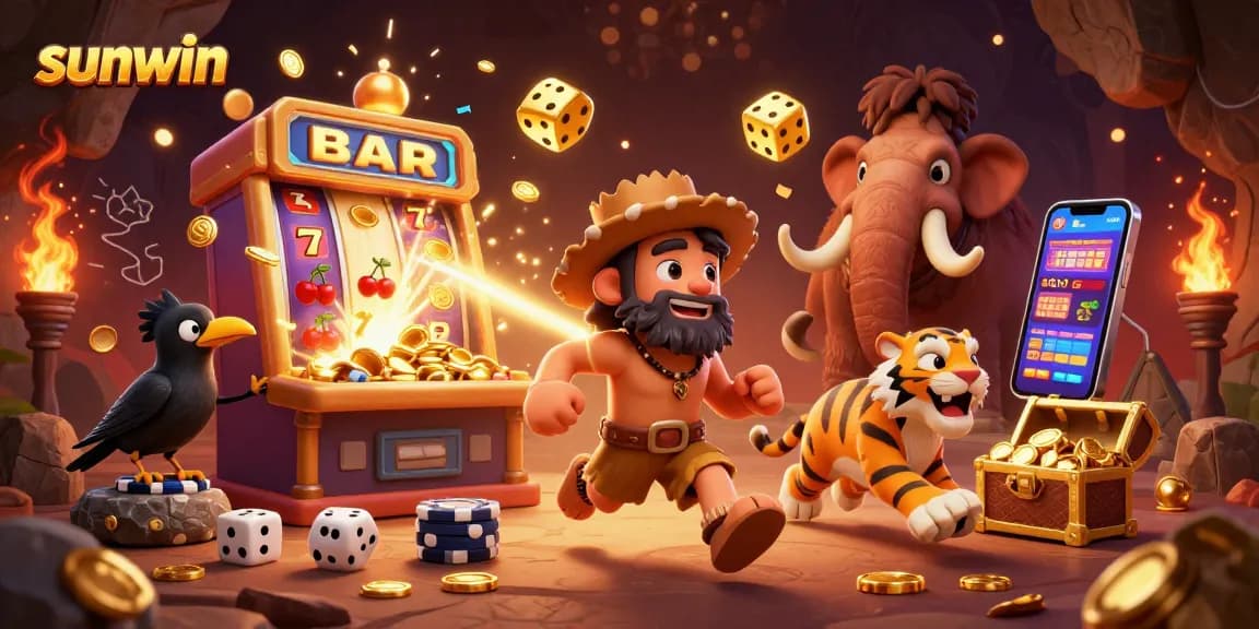 Win big with sunwin at a prehistoric casino with cavemen and a sabertooth tiger!