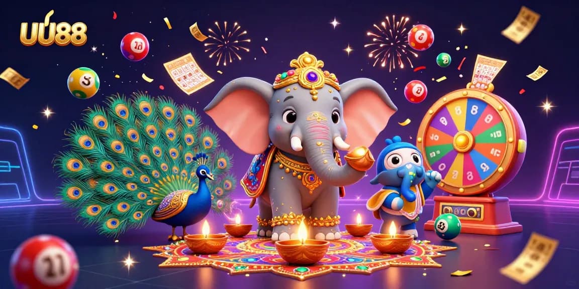 Engage with UU88's vibrant casino atmosphere featuring lottery balls and festive characters.